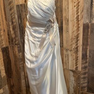 David's Bridal Ivory Satin Strapless Gown with Champagne Ribbon